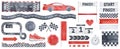 Big Racing Collection of various speed symbols, motor sport signs, flags, arrows, award pedestal and seamless borders