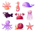 Colorful set of sea creatures.Raster illustration in the flat cartoon style of ocean animals Royalty Free Stock Photo