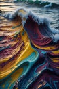 A big realistic and colorful melted aluminium wave as in a lsd trip (in a beach)