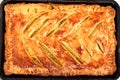 Big rectangular golden pie, food close up