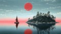 Big Red Ball Above Serene Sailboat: A Tonalist-inspired Painting