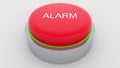 Big red button with alarm inscription being pushed. Conceptual 3D rendering