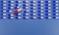 Big red capsule disrupting row of blue pills, healthcare medical concept, 3D render Royalty Free Stock Photo