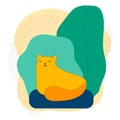 Big red cat on a pillow among the trees in the backyard vector illustration