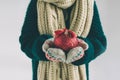 Big red Christmas ball in hands at the girl. The child is dressed in sweater, christmas hat and scarf studio shot Royalty Free Stock Photo