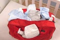 Big red diaper bag for maternity hospital. Royalty Free Stock Photo