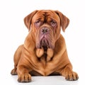 Big red dog breed Dogue de Bordeaux isolated on white close-up,