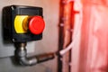 Big Red emergency button or stop button for manual pressing. STOP button for industrial equipment, emergency stop. Red light. At Royalty Free Stock Photo