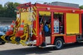 Big red fire truck with fire equipment