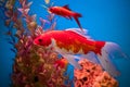 Big red fish Carassius auratus swim in blue water in the aquarium. Underwater, soft focus