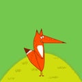 Big Red Fox tail angrily funny cartoon style stand upright at grass green background