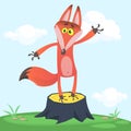 Big Red Fox tail angrily funny cartoon style stand upright at grass green background, vector illustration.