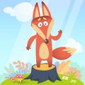 Big Red Fox tail angrily funny cartoon style stand upright at tree stump in green grass background, vector illustration.