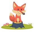 Big Red Fox tail funny cartoon style sits on tree stump in green grass background, vector illustration.