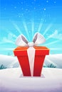 Big red gift box with ribbon bow at winter snow nature outside forest or park background , vertical poster greeting card event Royalty Free Stock Photo