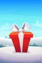 Big red gift box with ribbon bow at winter snow nature outside forest or park background , vertical poster greeting card event Royalty Free Stock Photo