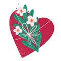 Big red heart decorated with flowers and a bow. Romantic love symbol isolated on a white background. Valentine's day Royalty Free Stock Photo