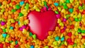Big red heart pops from the pool with many colorful polygonal hearts. Valentines day. 3d render illustration
