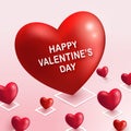 Big red heart shape and many small heart placing on pink floor as location pin with Happy Valentines Day text. 3D depth isometric Royalty Free Stock Photo