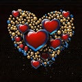 Big red hearts with gold and dark blue bubbles on black background