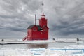 Big Red Michigan Lighthouse in Winter Royalty Free Stock Photo