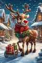 A big red nose reindeer with antlers and scraf delivering presents in a snowing village, cartoon style, animal, fantasy, printable