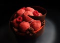 Big red raspberry dessert with fresh berries, microwave sponge and chocolate spiral border