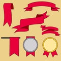 Big red ribbons set, isolated on beige background, vector illustration Royalty Free Stock Photo