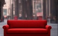 Big red sofa on city street. Soft comfortable couch in middle of street. Concept of place of rest. Generative AI. Royalty Free Stock Photo