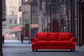 Big red sofa on city street. Soft comfortable couch in middle of street. Concept of place of rest. Generative AI. Royalty Free Stock Photo