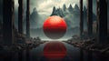 A big red sphere on alien planet with mountains in the background, portal to another dimension