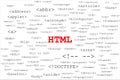 Big red title HTML in the middle with many different HTML tags