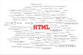 Big red title HTML in the middle with many different HTML tags