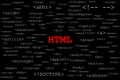 Big red title HTML in the middle with many different HTML tags