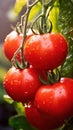 Big red tomatoes soaked with water droplets on organic farm tomato plant Royalty Free Stock Photo