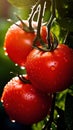 Big red tomatoes soaked with water droplets on organic farm tomato plant Royalty Free Stock Photo