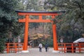 Big red Torii in the famous Shimogamo Jinja