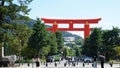 Big Red Torii Gate, Entrance to the Shinto Heian Shrine, Kyoto, Japan. Royalty Free Stock Photo