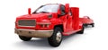 Big red truck with a trailer for transporting a racing boat on a white background. 3d rendering Royalty Free Stock Photo