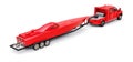 Big red truck with a trailer for transporting a racing boat on a white background. 3d rendering