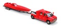 Big red truck with a trailer for transporting a racing boat on a white background. 3d rendering Royalty Free Stock Photo