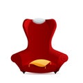 Big red velvet armchair with yellow pillow. Cozy gradient soft chair with lace napkin on the back. Isolated flat cartoon Royalty Free Stock Photo