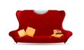 Big red velvet sofa with yellow pillows and cat. Cozy gradient couch with lace napkin on the back. Isolated flat cartoon Royalty Free Stock Photo