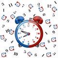 Big redblue alarm clock with pattern coloured clocks