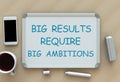 Big Results Require Big Ambitions, message on whiteboard, smart phone and coffee on table