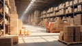 Big Retail Warehouse full of Shelves with Goods Stored on Manual Pallet Truck in Cardboard Boxes and Packages.