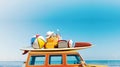 Big retro car SUV with baggage, luggage and beach equipment on the roof, fully packed, ready for summer vacation Royalty Free Stock Photo