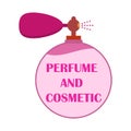 Big retro perfume bottle with fragrance, spray and smell with space for text or inscription. Round shape. Vector illustration.