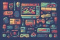 A big retro set of the 90s, 80s. Guy dancing and games, cassette, arkanoid Royalty Free Stock Photo
