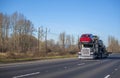 Big rig car hauler semi truck transporting cars on semi trailer and driving on autumn road with bare trees